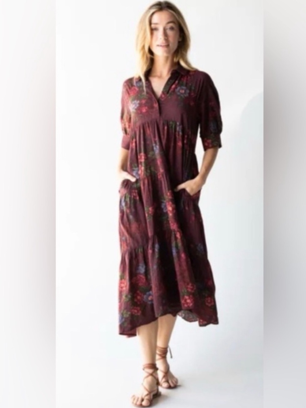 Natural Life Burgundy Floral Rebecca Tiered Boho Cottagecore Maxi Dress Sz M